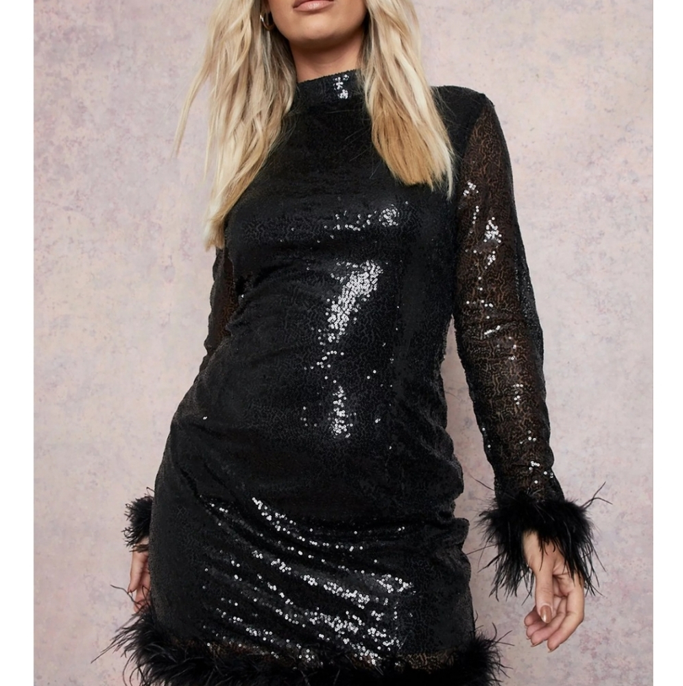 Plus Sequin Fur Trim Bodycon Dress￼￼